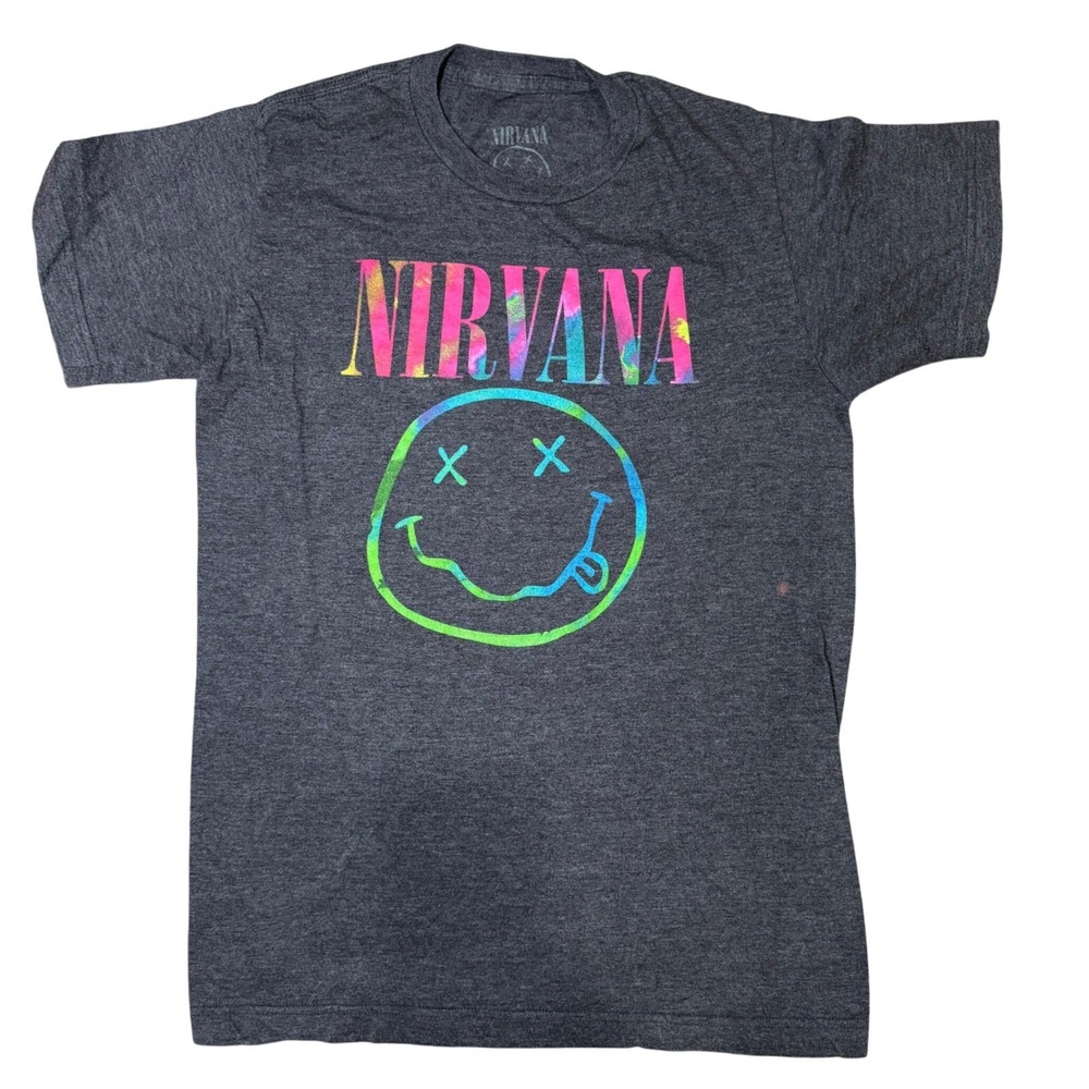 Nirvana T-Shirt Men M Gray Graphic Smiley Face Cotton Blend Grunge Rock Tee